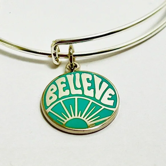 Alex and Ani Shiny Silver Bracelet with Teal 'Believe' Charm - Picture 2 of 7
